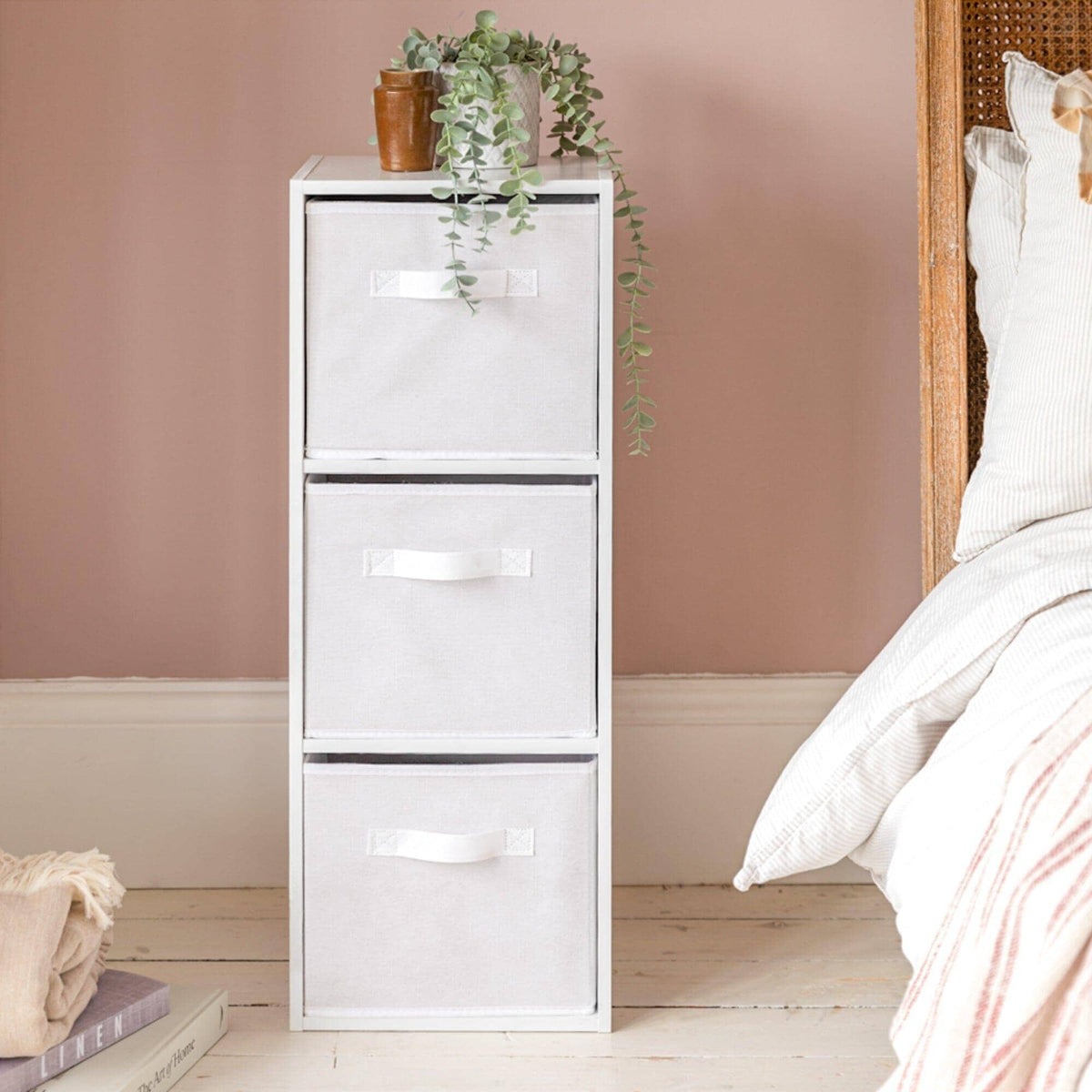 Cara 3 Tier Chalk White Cube Storage Unit - White Baskets
