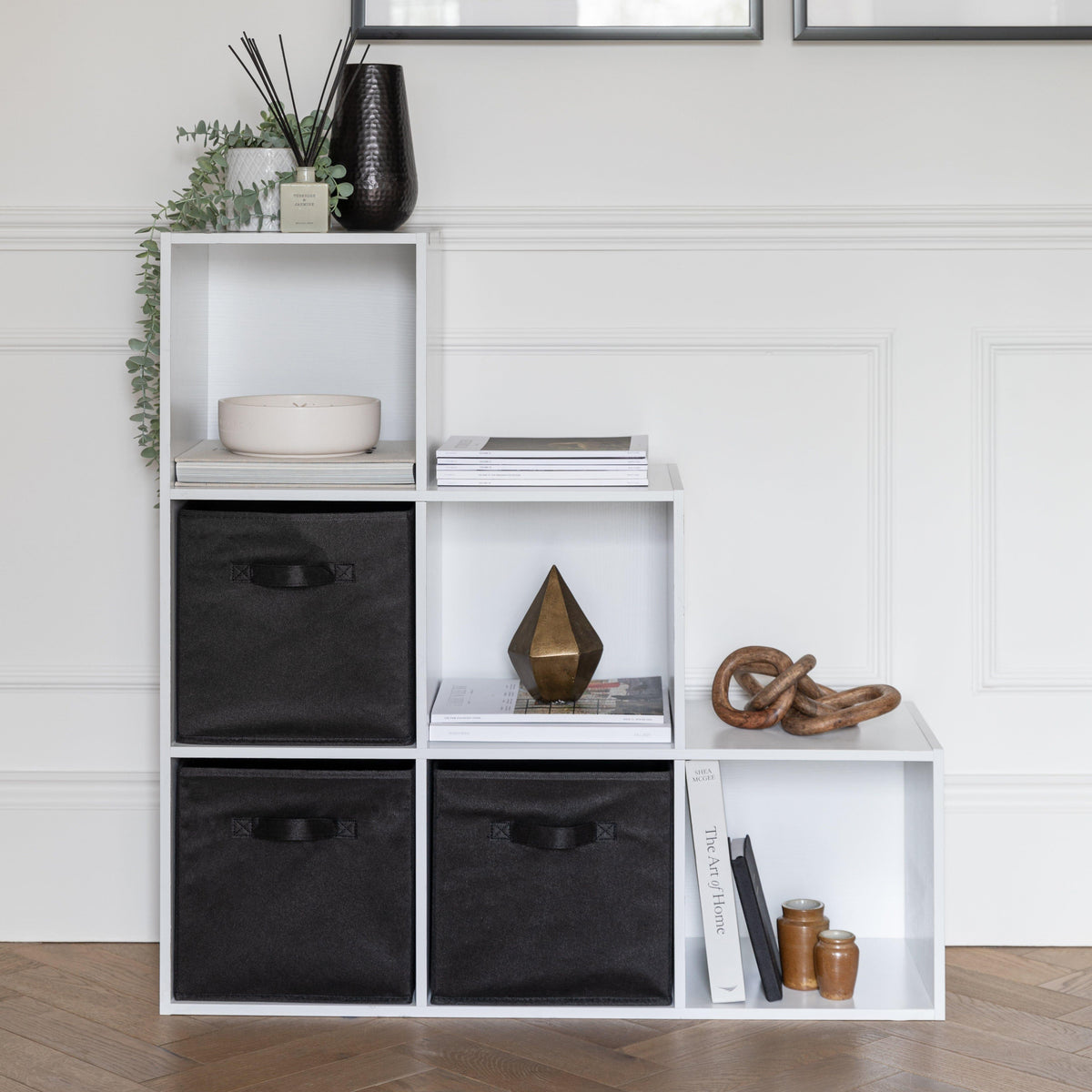6 Cube bookcase ladder storage unit - white with black boxes - Laura James