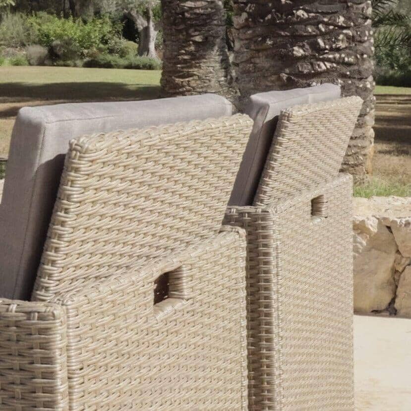 Cube 8 Seater Rattan Outdoor Dining Set with Cream LED Premium Parasol - Natural Brown Weave Polywood Top
