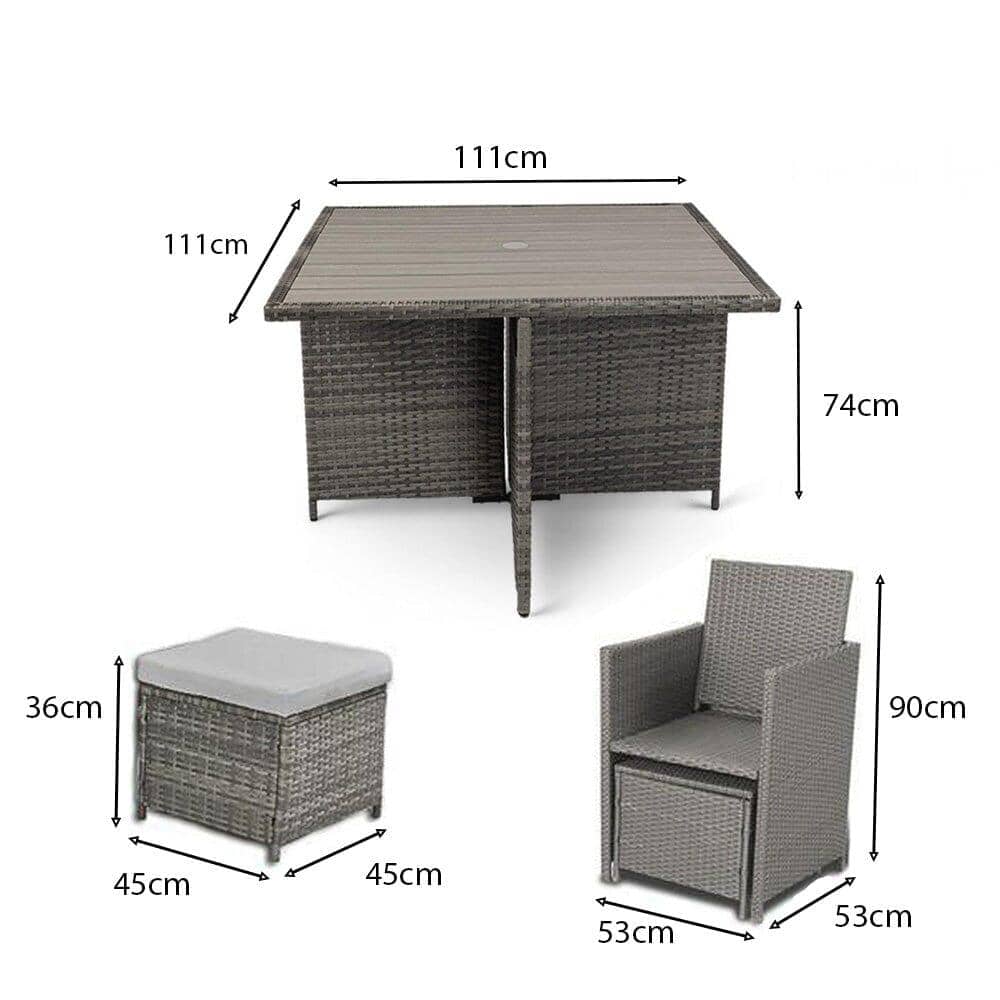 Cube 8 Seater Rattan Outdoor Dining Set with Cream Parasol - Grey Weave Polywood Top