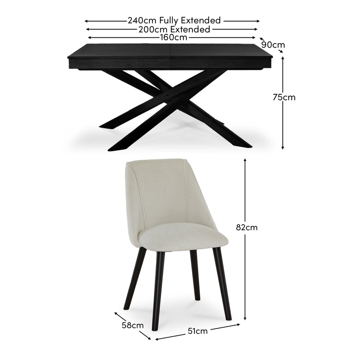 Amelia Black wooden Dining Table Set - 6 Seater - Freya Boucle Dining Chairs - Laura James