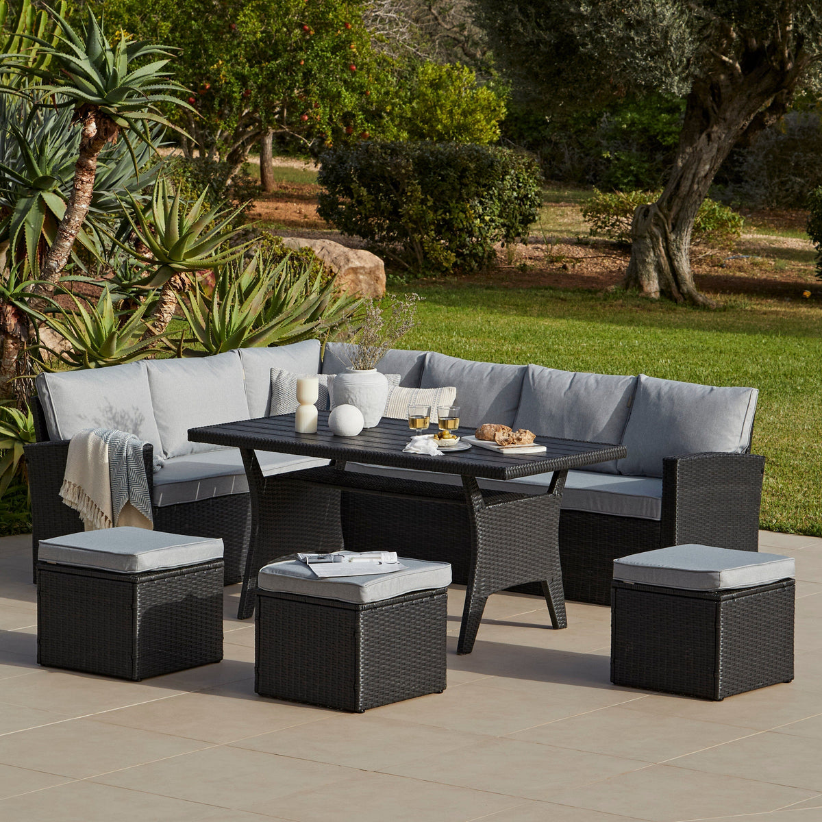 Aston 9 Seater Outdoor Sofa Dining Set with Polywood Table Top - Black - Laura James