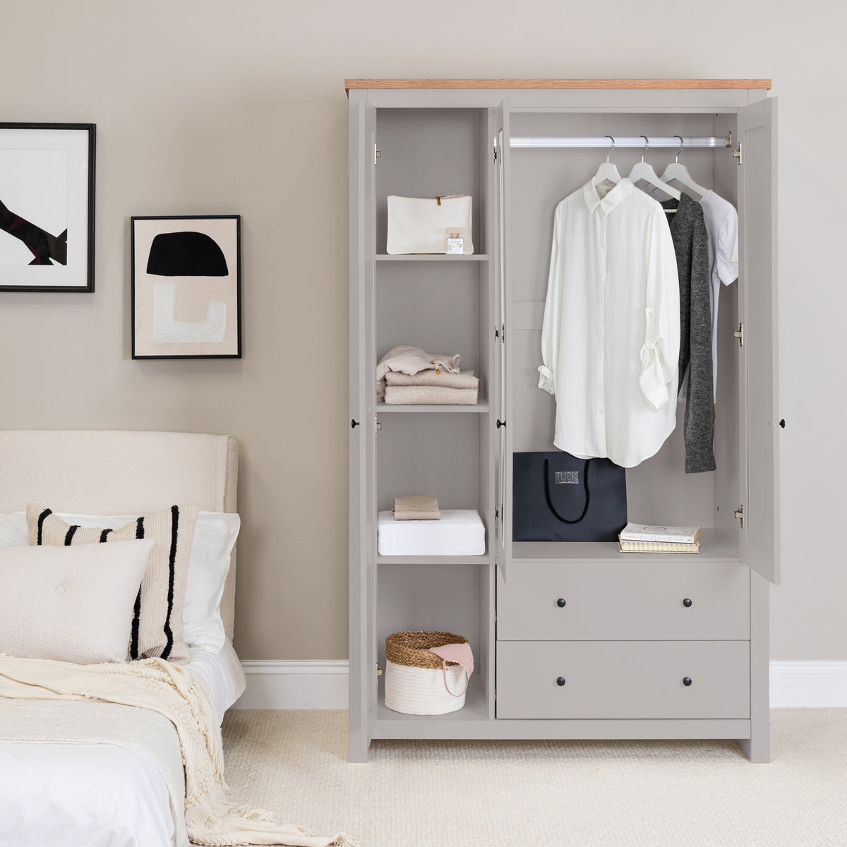 Bampton 3 Door Wardrobe with 2 Drawers - Stone Grey - New