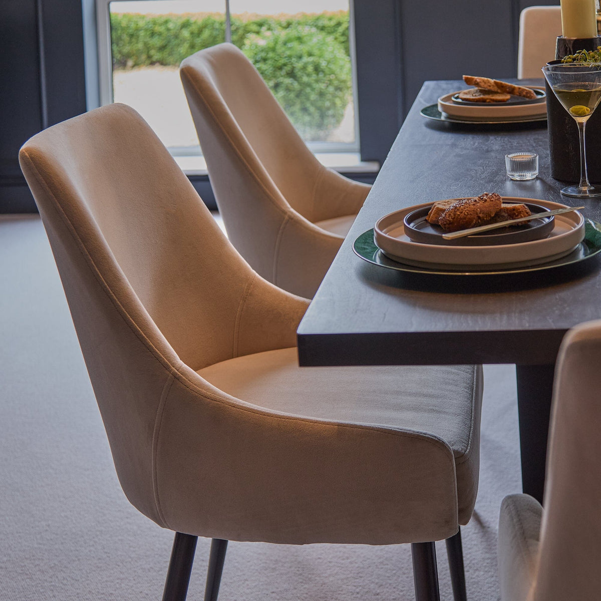 Jade Jet Black Rectangular Acacia Dining Table Set - 6 Seater - Maeve Soft Beige Dining Chairs with Black Legs
