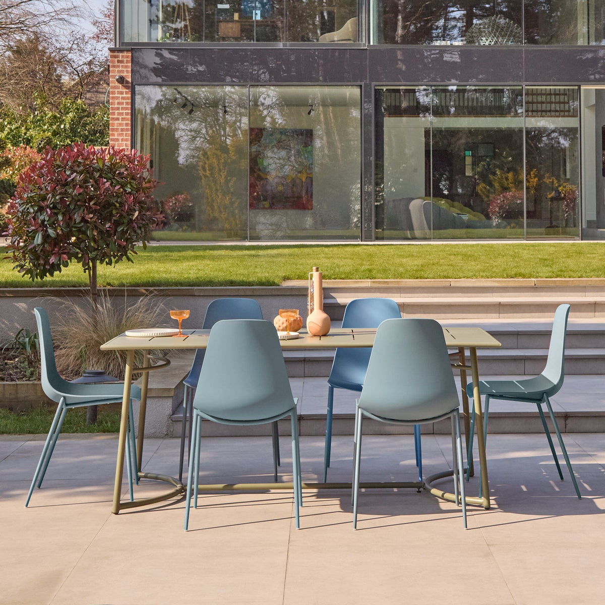 Wilder 6 Seater Metal Garden Dining Set with Wren Blue Chairs - Laura James