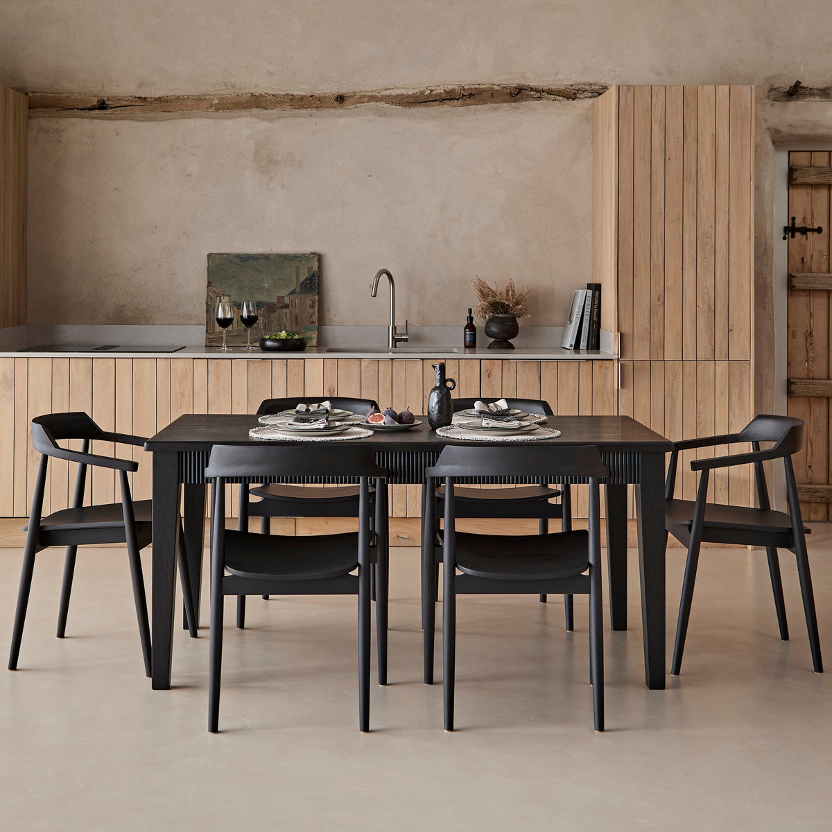 Raleigh Black Oak Rectangular Dining Table Set - 6 Seater - Carter Black Oak Dining Armchairs - Laura James