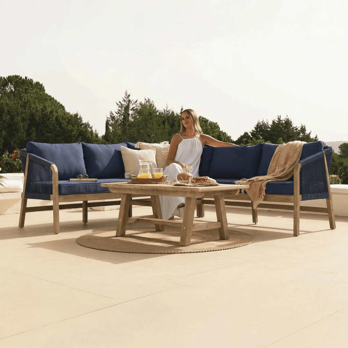 Shiro 5 Seater Wooden Garden Corner Sofa with Shiro Coffee Table - Navy - Laura James