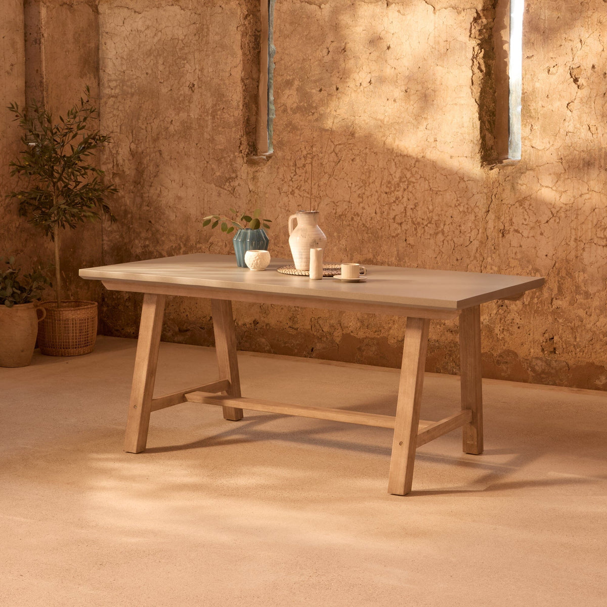 Shiro Brushed Light Acacia Garden Dining Table - Pale Grey Concrete - Laura James