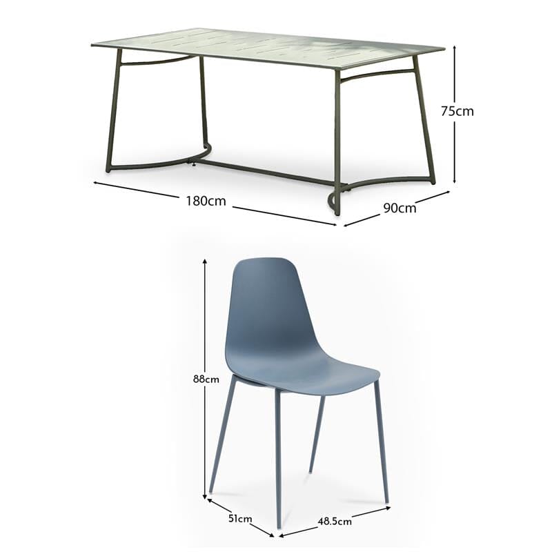 Wilder Rectangular Dining Table - Olive Green & 6 x Wren Garden Dining Chair - Denim Blue - Laura James