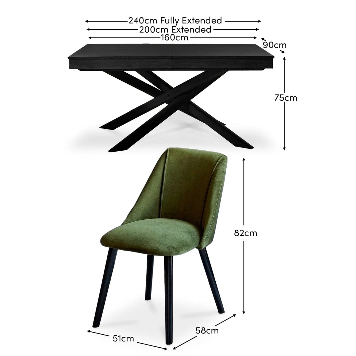 Amelia Black Dining Table Set - 6 Seater - Freya Fern Green Dining Chairs - Black Legs - Laura James
