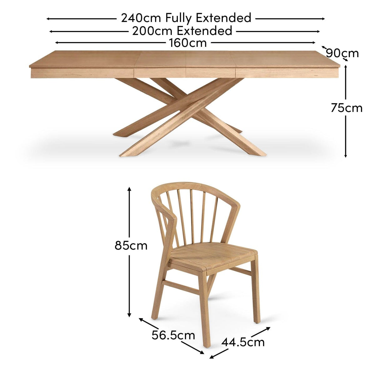 Amelia Pale Oak Extendable Dining Table Set with Black Legs - 6 Seater - Pale Oak Spindle Back Chairs - Laura James