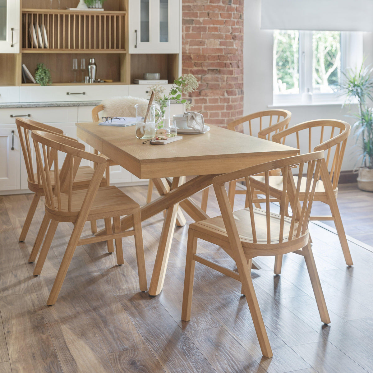 Amelia Pale Oak Extendable Dining Table Set - 6 Seater - Pale Oak Spindle Back Chairs - Laura James