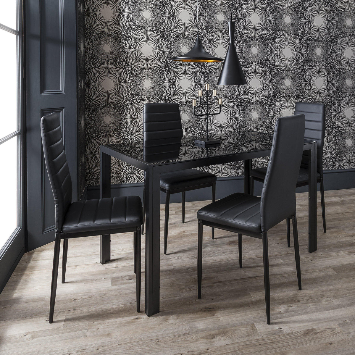 Glass Dining Table Set With 4 Black Chairs Set - Laura James