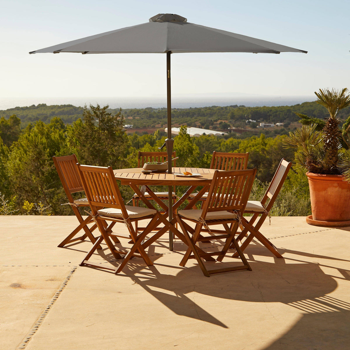 Ashby 6 Seater Round Wooden Garden Dining Set with Arms & Grey LED Premium Parasol - 130cm - Laura James