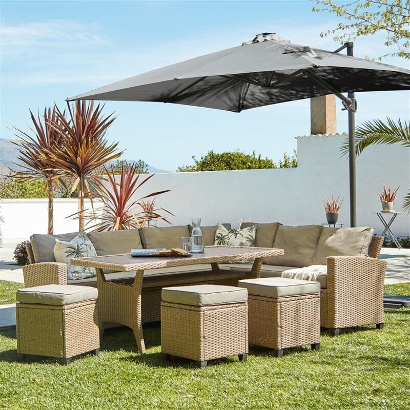 Aston 9 Seater Rattan Corner Sofa Set with Grey LED Premium Parasol with Glass Table Top - Natural Brown - Laura James