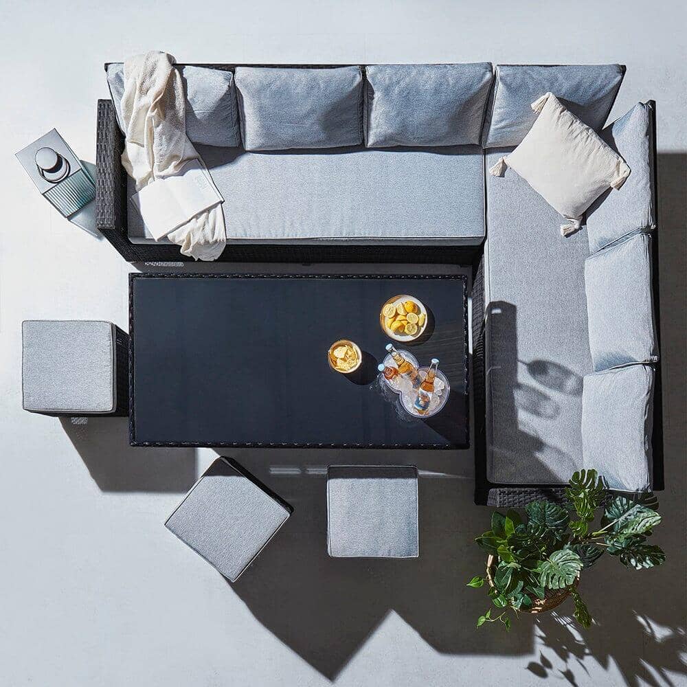 Aston 9 Seater Rattan Garden Corner Sofa Set with Grey Lean Over Parasol - Black Weave