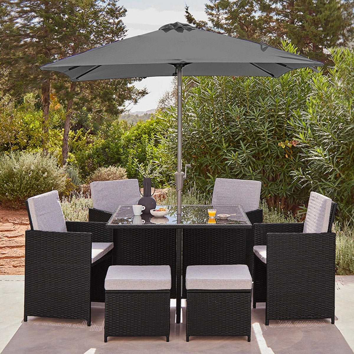 Cube 8 Seater Rattan Outdoor Dining Set with Grey Parasol - Black Weave