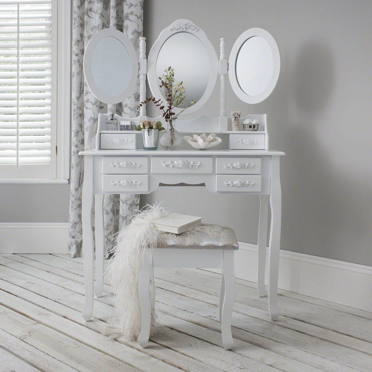 Monaco Dressing Table, Stool & Mirror Set - White Painted - Laura James