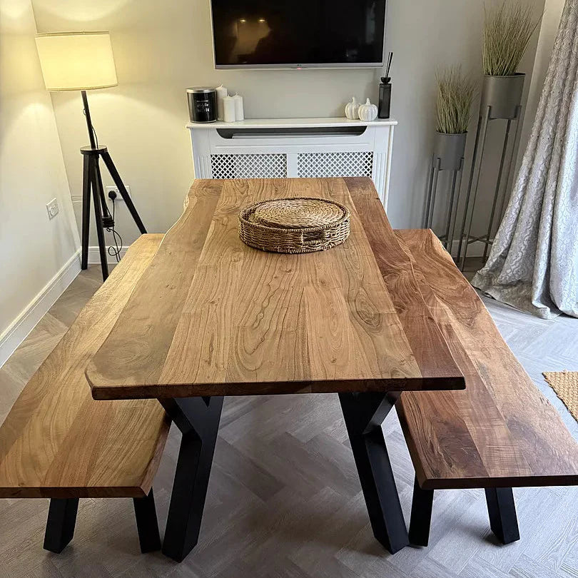 Bosco Acacia Wood Dining Table Set - 6 Seater - Bosco Dining Benches - Black Legs - Laura James