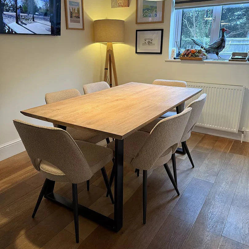 Atlas Chalked Mango Wood Dining Table Set - 6 Seater - Dolly Cream Boucle Dining Chairs - Black Legs - Laura James