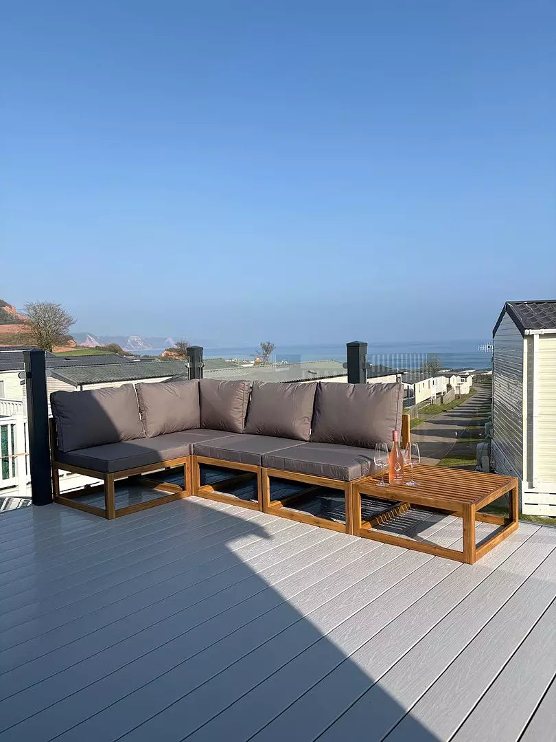 Rowan 4 Seater Wooden Garden Corner Sofa with Coffee Table - Grey- Laura James