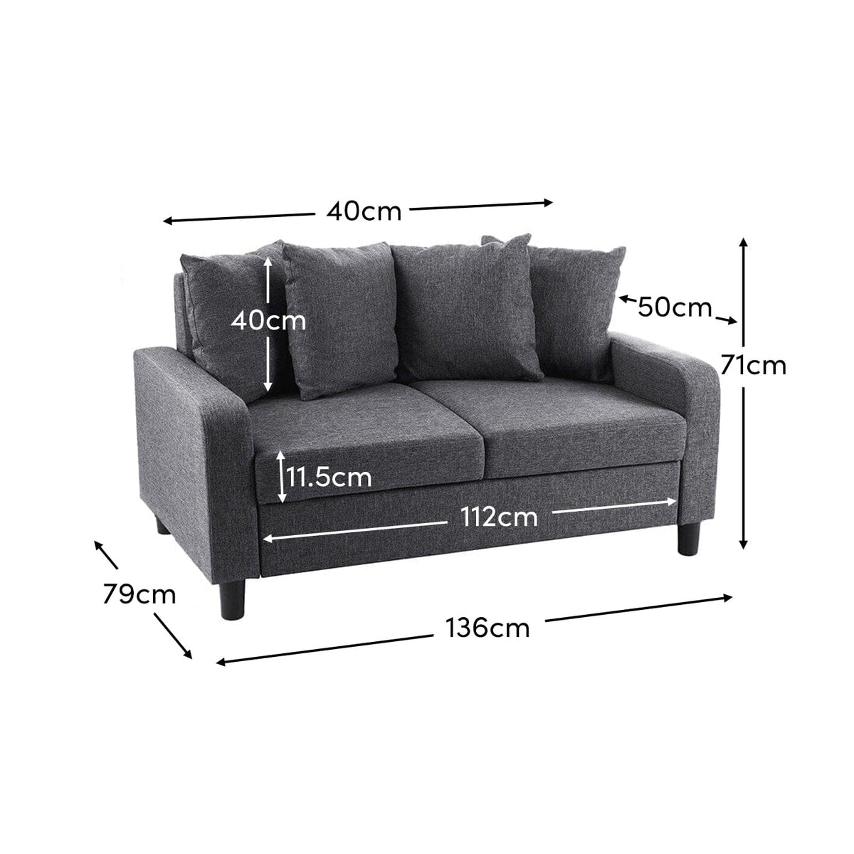 Tracy 2 Seater Sofa - Grey Linen with Black Legs - Laura James