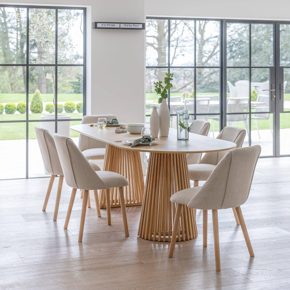 Willow 6 Seater Pale Oak Dining Table Set - Freya Oatmeal Dining Chairs - Laura James