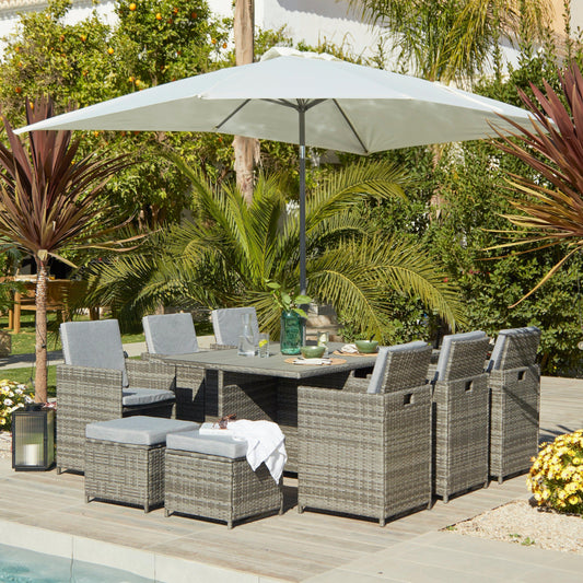 10 Seater Rattan Cube Outdoor Dining Set with Cream Parasol - Grey Weave Polywood Top
