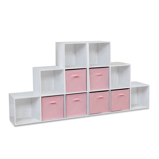 12 Cube Bookcase Ladder Storage Unit - White - Two 6 Cube Units - Pink Basket