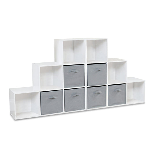 12 Cube Bookcase Ladder Storage Unit - White - Two 6 Cube Units (Grey Basket) - Laura James