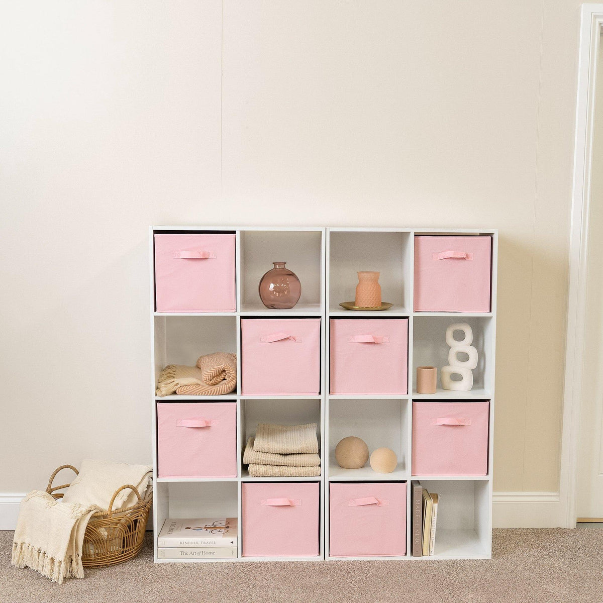 16 Cube Storage Unit - White - Two 8x2 Units (Pink Basket) - Laura James