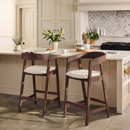 Ella Off White Boucle Bar Stool - Coffee Brown Legs