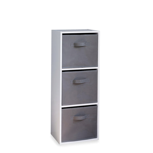 Cara 3 Tier Chalk White Cube Storage Unit - Grey Baskets