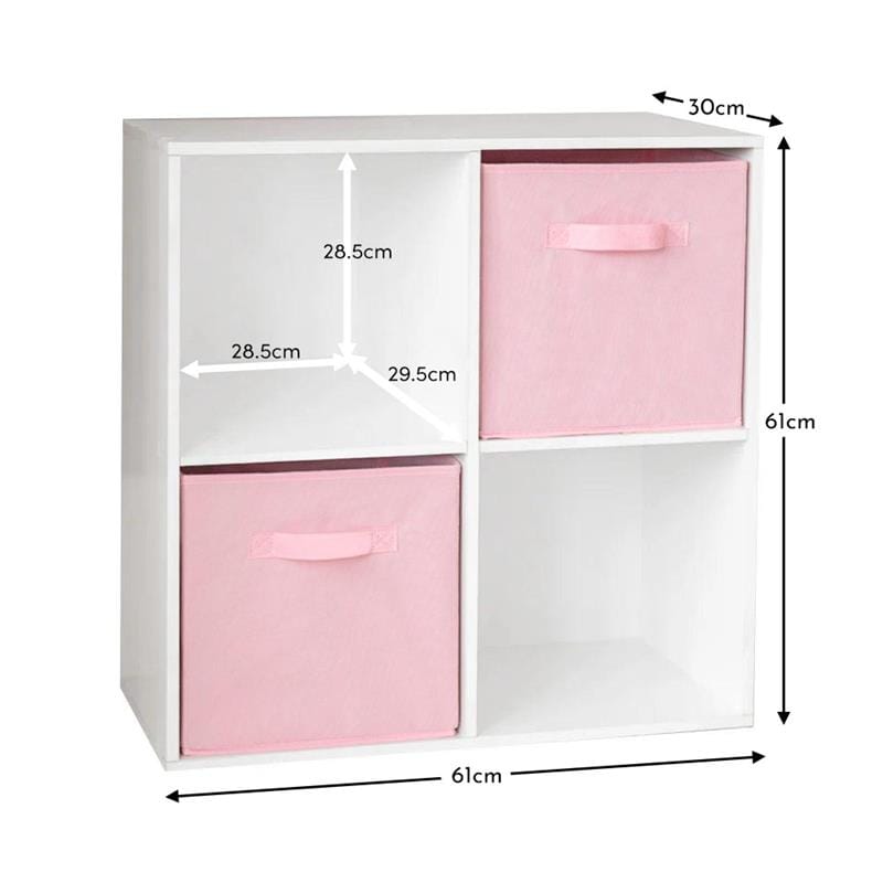 Cara 4 Cube Chalk White Bookcase Wooden Display Unit Shelving Storage Bookshelf Shelves - Pink Basket - Laura  James