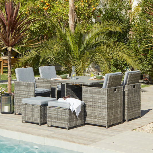 8 Seater Rattan Cube Outdoor Dining Set - Grey Weave Polywood Top