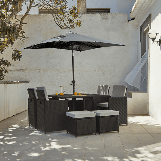 8 Seater Rattan Cube Outdoor Dining Set with Grey Parasol- Black Weave Polywood Top