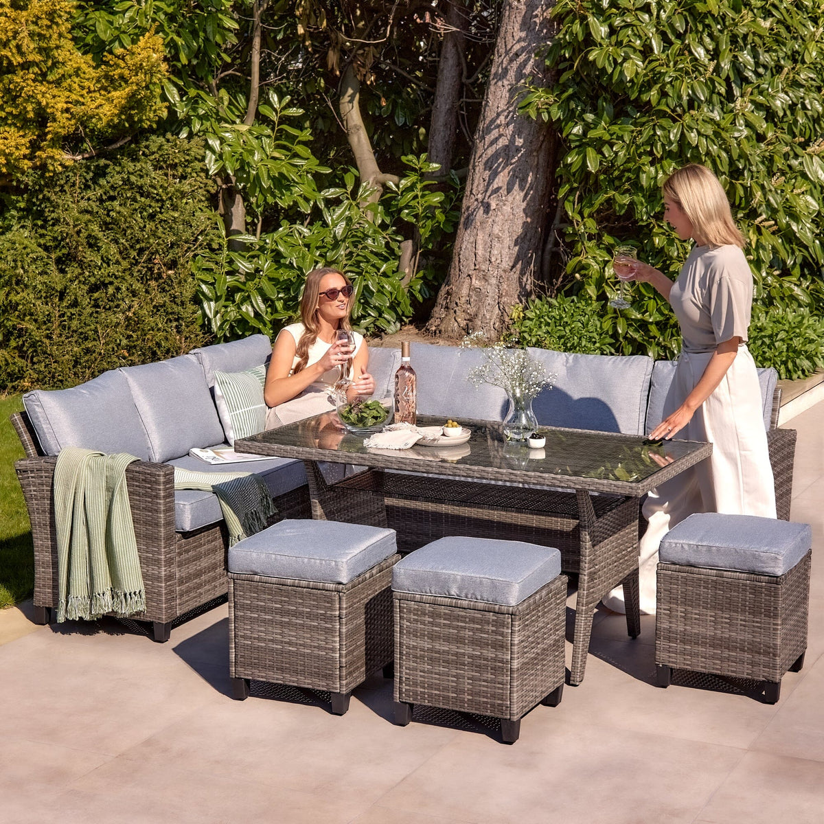 Aston 9 Seater Rattan Corner Sofa Set with Glass Table Top - Grey - Laura James