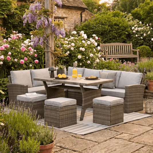 Aston 9 Seater Rattan Corner Sofa Set with Polywood Top - Grey