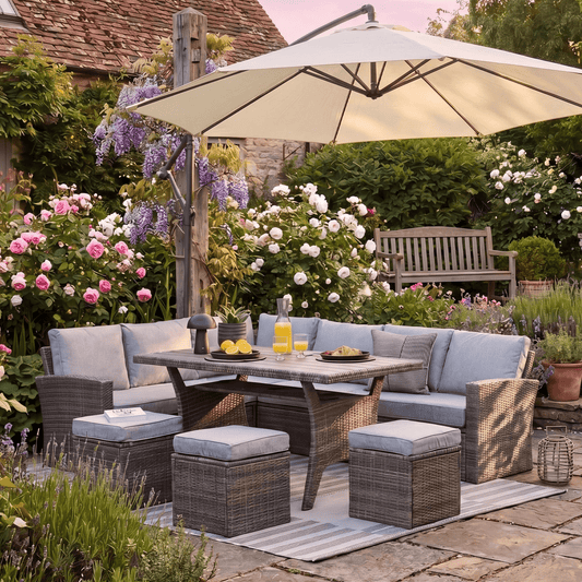 Aston 9 Seater Rattan Garden Corner Sofa Set with Cream Lean Over Parasol - Polywood Top - Grey