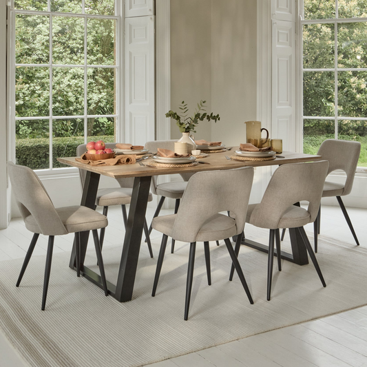 Atlas 160cm Chalked Mango Wood Dining Table Set - 6 Seater - Dolly Soft Beige Dining Chairs - Black Legs - Laura James