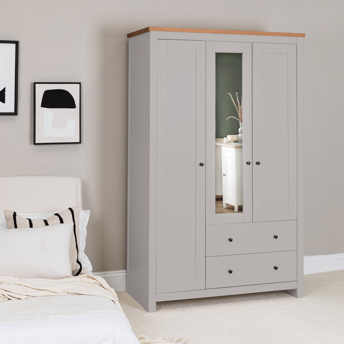 Bampton 3 Door Wardrobe with 2 Drawers - Stone Grey - New