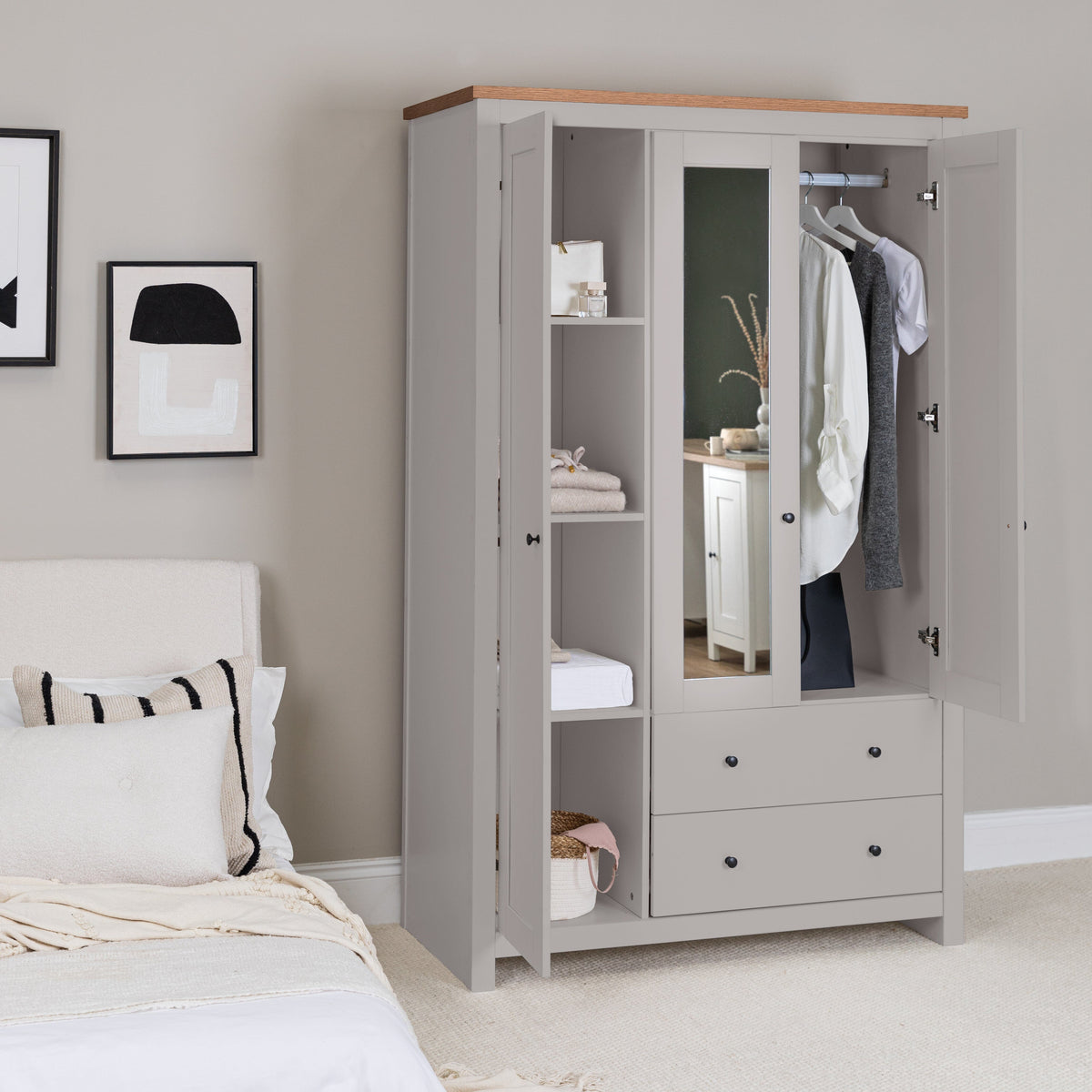 Bampton 3 Door Wardrobe with 2 Drawers - Stone Grey - New
