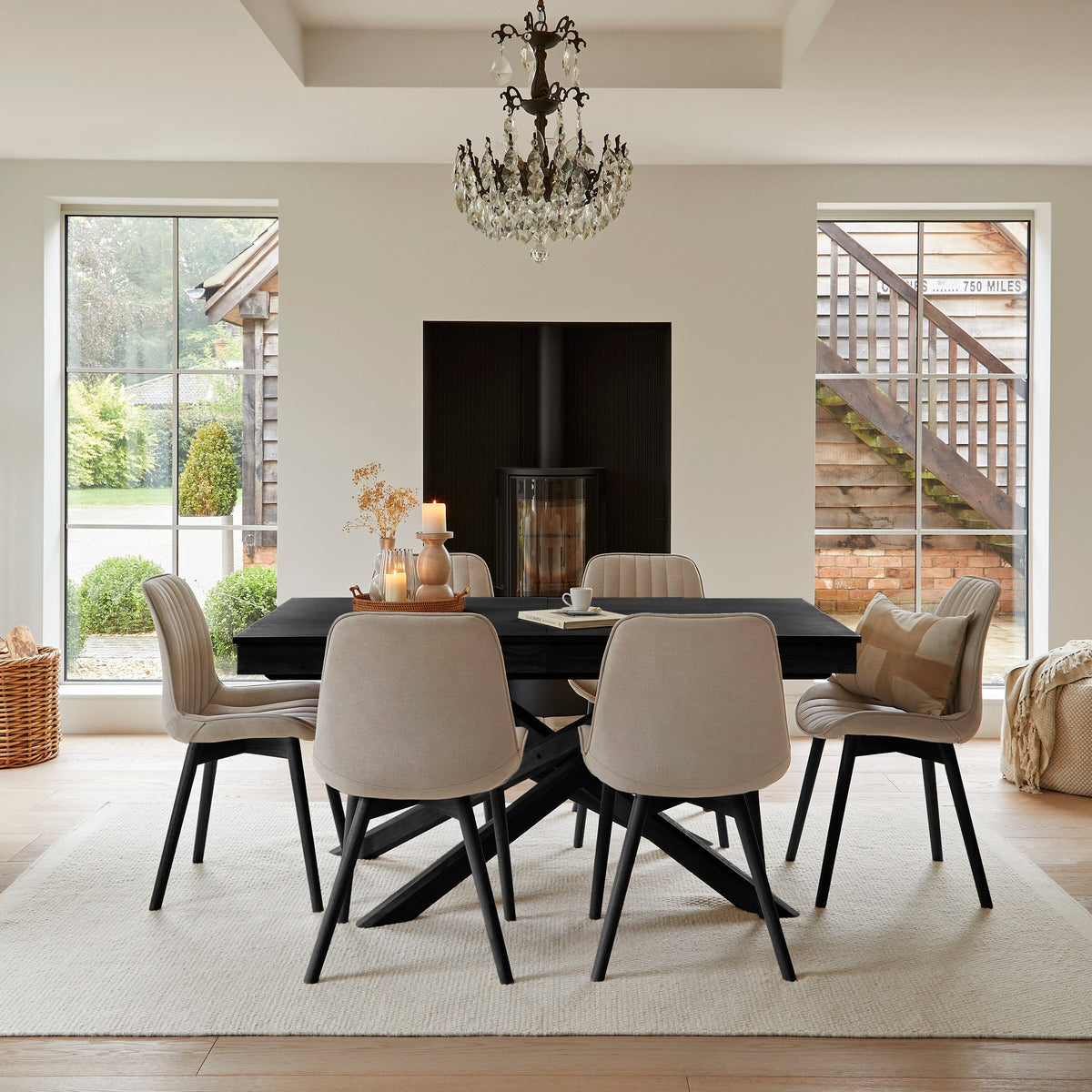 Amelia Black Dining Table Set - 6 Seater - Bella Soft Beige Dining Chairs - Black Legs - Laura James 