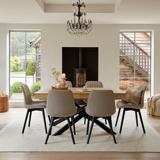Amelia Whitewash Extendable Dining Table Set - 6 Seater - Bella Soft Beige Dining Chairs - Black Legs
