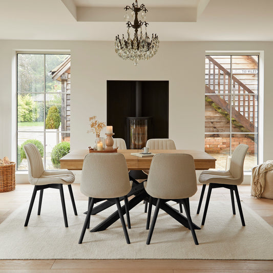 Amelia Whitewash Extendable Dining Table Set - 6 Seater - Bella Soft Beige Dining Chairs - Black Legs
