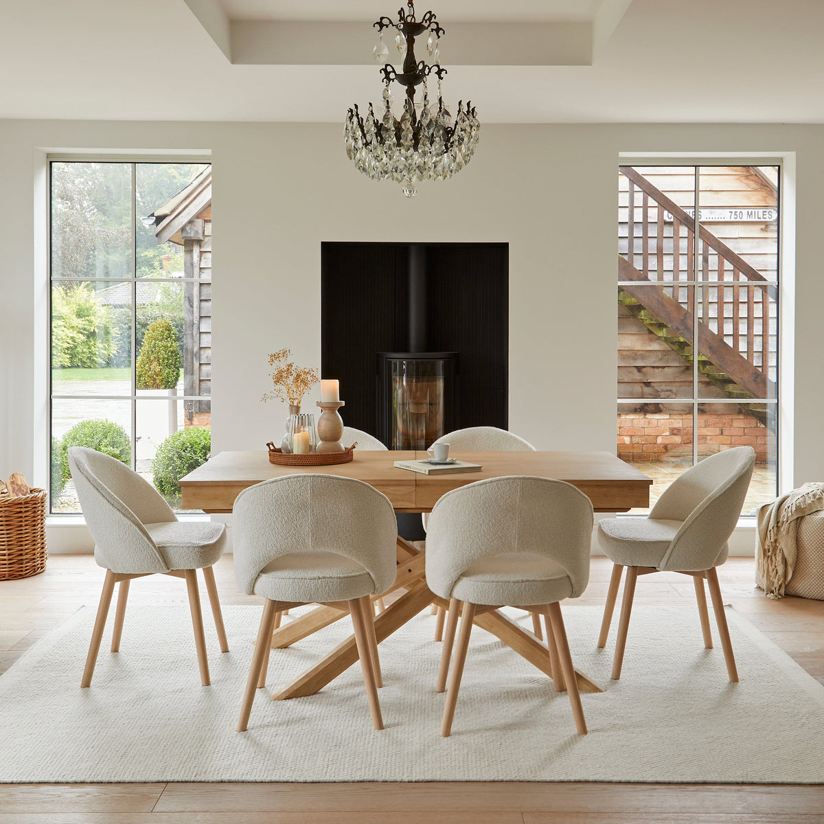 Amelia Whitewash Dining Table Set - 6 Seater - Marilyn Boucle Dining Chairs - Whitewash Legs - Laura James 