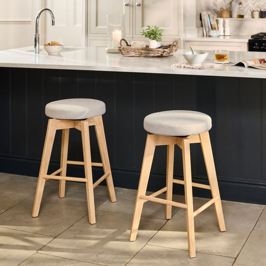Digby Fawn Linen Swivel Backless Bar Stools - Set of 2 - Whitewash Oak Legs - Laura James