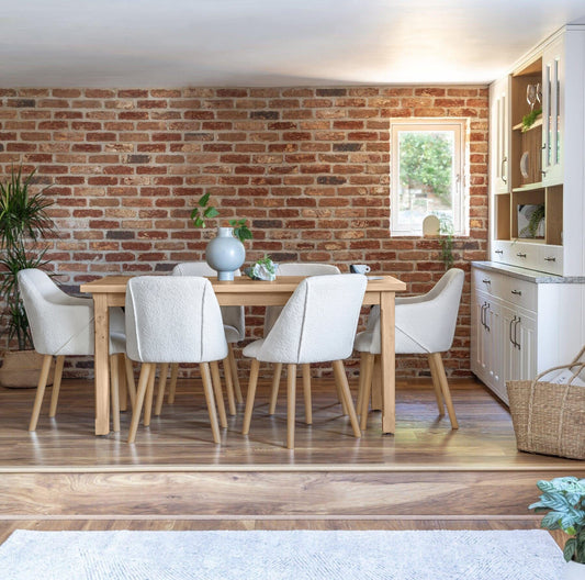 Ella Pale Oak Dining Table Set - 6 Seater - 2 Freya Sand Carver Chairs & 4 Dining Chairs - Whitewash Oak Legs - Laura James