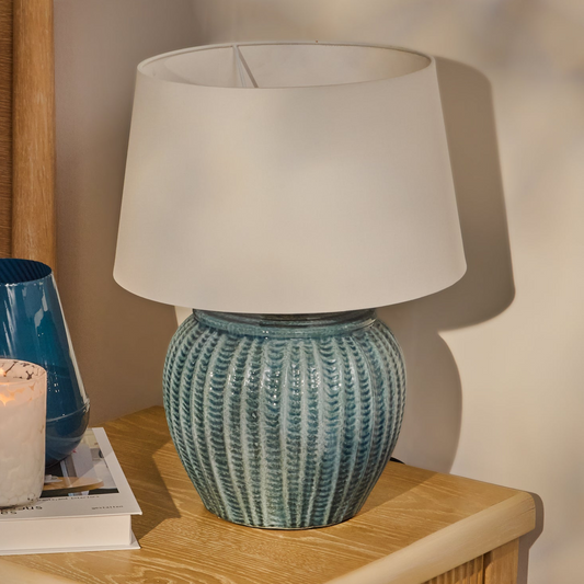 Elmer 27cm Ceramic Lamp Base - Teal Blue & Coningsby 35cm Cotton Lamp Shade - Snow White - Laura James