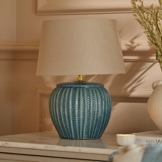 Elmer 27cm Teal Blue Ceramic Lamp Base & Coningsby Taupe Cotton Lampshade - 35cm